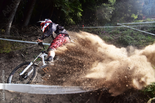 Fotografie, Obraz Sport race Mountain biker extreme and fun downhill track
