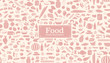 Seamless food pattern made from small illustrations with food lettering in rounded label.