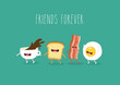 Funny breakfast. Сup of coffee, egg, bacon, toaster. Vector illustrations.