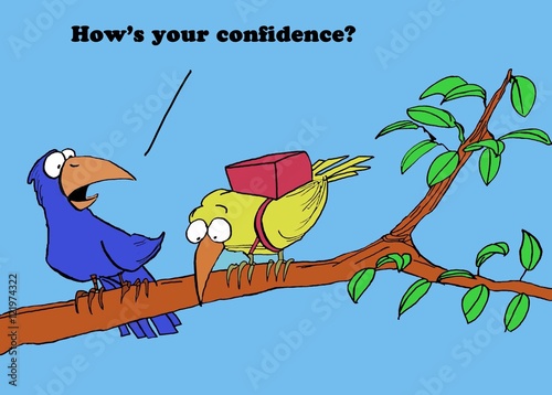 Fotografie, Obraz Color illustration of two birds about to fly off a limb, 'how's your confidence?'