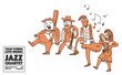 Jazz band musicians walking. Creative line art doodle illustration.