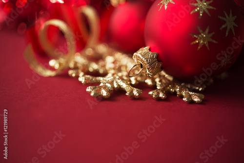 Golden And Red Christmas Ornaments On Red Background With Copy Space Merry Christmas Card Winter Holidays Xmas Theme Stock Photo Adobe Stock