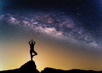 Wall Mural - landscape with milky way galaxy. night sky with stars and silhou