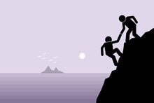 Hiker Helping A Friend Climbing Up On A Rocky Dangerous Cliff At Mountain By Pulling Him Up With Hand. Artwork Depict Friendship Support, Teamwork, Partnership, Faith, And Trust.