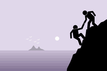 Hiker helping a friend climbing up on a rocky dangerous cliff at mountain by pulling him up with hand. Artwork depict friendship support, teamwork, partnership, faith, and trust.