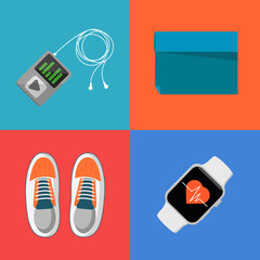 Wall Mural - Vector illustration of gym sports equipment icons set. Fitness tracker bracelet, sports shoes, portable musical player with headphones and sports mat on color background. Athletic equipment.