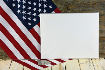Wall Mural - military dog tags on American flag with blank white canvas