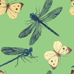 Wall Mural - seamless pattern with dragonflies and butterflies