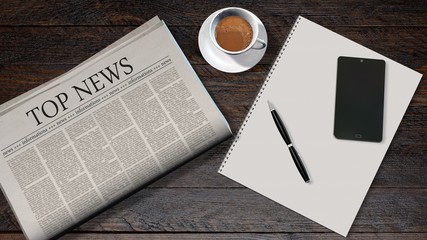 office table with newspaper and the headline Top News and smartphone on a white spiral bound paper drawing pad 