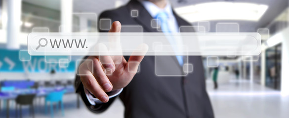 Poster - man surfing on internet with digital tactile web address bar