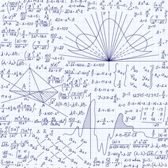 Math educational vector seamless pattern with formulas, equations and geometrical figures, handwritten on grid copybook paper. Endless mathematical texture