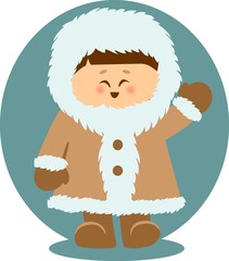 Eskimo Kid Waving Hello Isolated Illustration