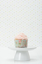 Colorful Homemade Cupcake On White Stand. Copy Space.