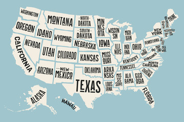 poster map of united states of america with state names. print map of usa for t-shirt, poster or geo