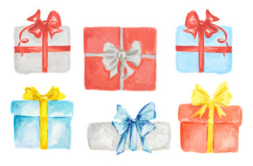 Wall Mural - Watercolor presents set. Colorful boxes with bows and ribbons for holidays as Christmas, New Year and Birthday.