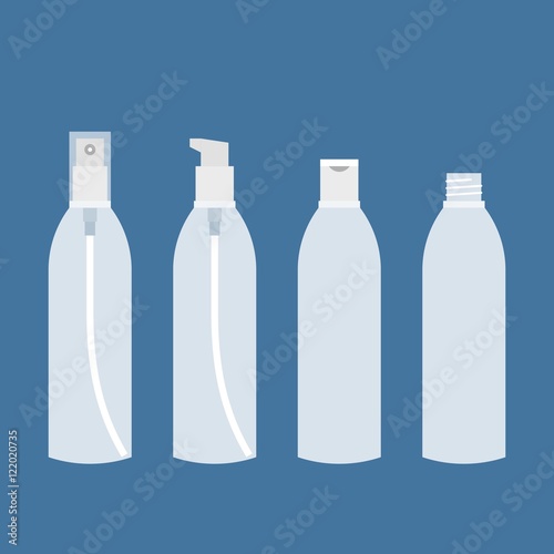 Download Bottle With Pump Screw Caps Spray And Lid For Liquid Or Cosmetic Empty Glass Or Plastic Transparent Packaging For Mock Up With Long Shadow Flat Design Stock Vector Adobe Stock
