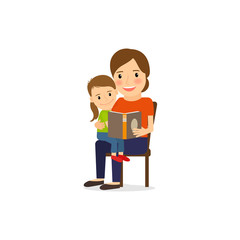 Wall Mural - Mother and child reading book, cartoon vector illustration