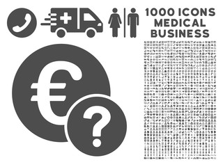 Gray Euro Status icon with 1000 medical business vector pictograms. Set style is flat symbols, gray color, white background.