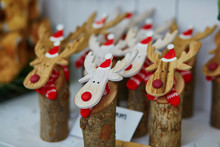 Funny Wooden Moose Deers With Red Noses And Santa Hats