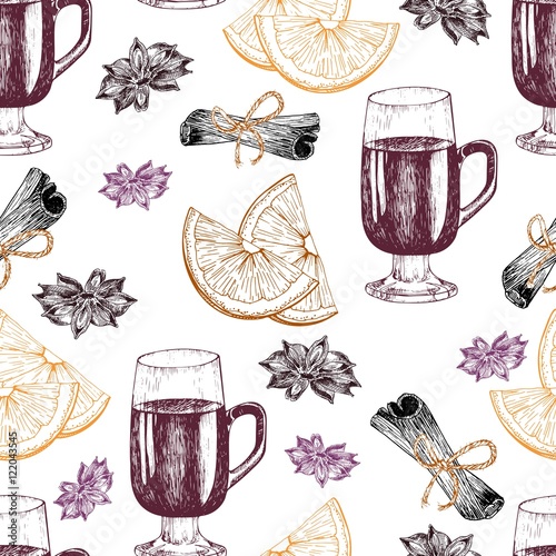 Stoffe zum Nähen Nahtlose Vektormuster Glühwein Wein Zutaten. Handgezeichnete Vintage-Elemente. Glas, Orange, Zimt, Anis.