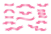 Collection Of Elegant Hand Drawn Pink Ribbon Banners. Vector Illustration.