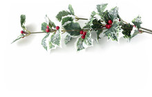 Artificial Holly Branch -  Ilex Aquifolium, With Fruits, Glass Stones And Glitter Isolated On White Background With Copy Space. 
