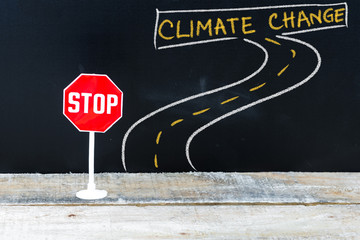 Mini STOP sign on the road to CLIMATE CHANGE