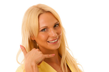 blond business woman gesture call me isolated over white backgro