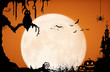 Halloween night background with moon, owl, spider, bat, pumpkin, castle and old tree.