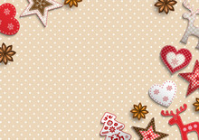 Christmas Background, Small Scandinavian Styled Decorations Lying On Polka Dot Patterned Backdrop, Illustration