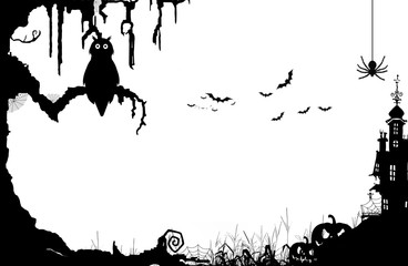 Wall Mural - Halloween night on a white background with owl, spider, bat, pumpkin, castle and old tree.