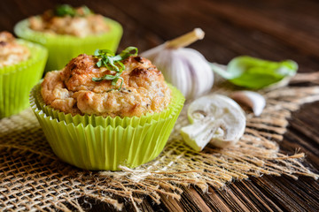 Wall Mural - Savory muffins with mushrooms, eggs, green onion and basil
