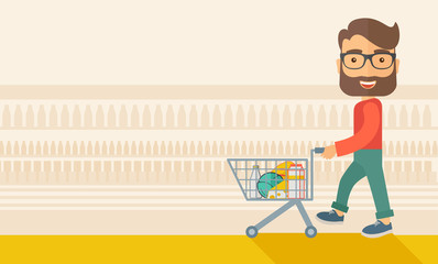 Wall Mural - Male Shopper Pushing a Shopping Cart.