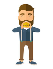 Canvas Print - Man happy eating hamburger.