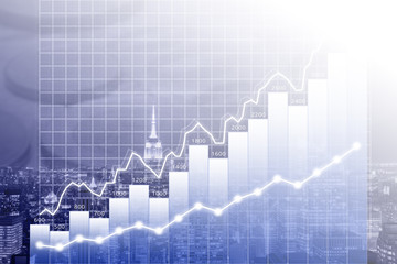 Modern Business/Finance Chart Overlaid on International Currency and Manhattan Skyline at Night