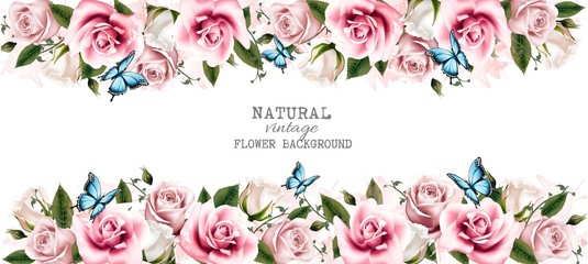 Fototapete - Natural vintage greeting card with roses. Vector.