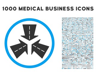 Sticker - Merge Directions icon with 1000 medical commercial gray and blue vector pictographs. Set style is flat bicolor symbols, white background.