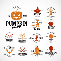 Wall Mural - Vintage Halloween Vector Badges or Labels Templates. Pumpkin, Ghost, Skull, Bones, Bats and Other Symbols with Retro Typography.