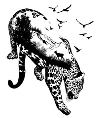 Canvas Print - Vector Double exposure, Hand drawn leopard