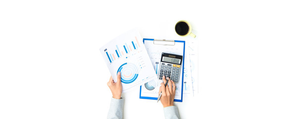 Woman hands working with documents and calculator on the table - banner background