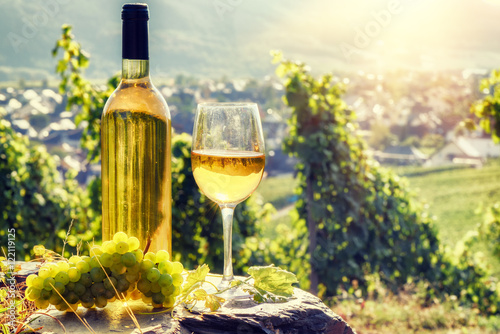 Dekoracja na wymiar  butelka-i-pelna-szklanka-bialego-wina-na-tle-winnicy-vineyard