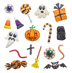 Wall Mural - A big set of colorful clay handmade elements for Halloween.