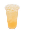 ice green tea with lychee fruit in takeaway glass isolated on wh