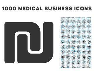 Wall Mural - Shekel icon with 1000 medical commerce gray and blue vector design elements. Collection style is flat bicolor symbols, white background.