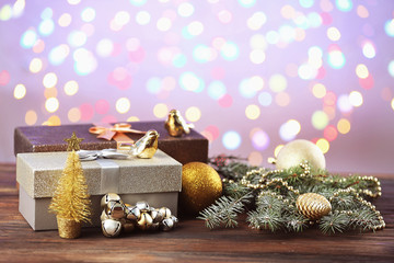 Wall Mural - Christmas presents and decoration on wooden table