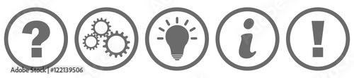 Fotomural Fragezeichen Zahnrad Lampe Info und Ausrufezeichen