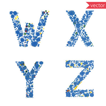 decorative letters W, X, Y, Z,  made from colorful drops and blots
