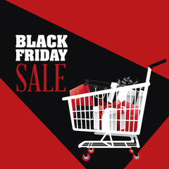 Canvas Print - Gifts inside shopping cart icon. Black Friday sale and offer theme. Black and red background. Vector illustration