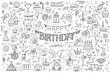 Happy birthday hand drawn vector illustration. Party and celebration design balloon, gifts, fireworks, ribbon, confetti, cake drinks