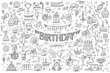 Happy Birthday Hand Drawn Vector Illustration. Party And Celebration Design Balloon, Gifts, Fireworks, Ribbon, Confetti, Cake Drinks
